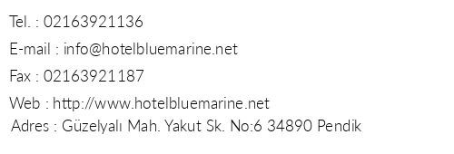 Blue Marine Hotel Pendik telefon numaralar, faks, e-mail, posta adresi ve iletiim bilgileri
